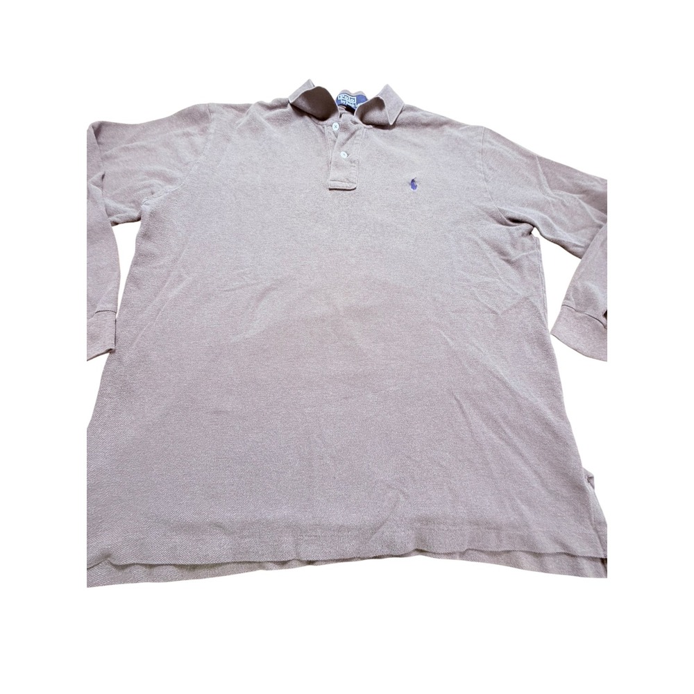 Polo Ralph Lauren Mens Large Long Sleeve Polo Shirt Tan Cotton Pique Blue Pony